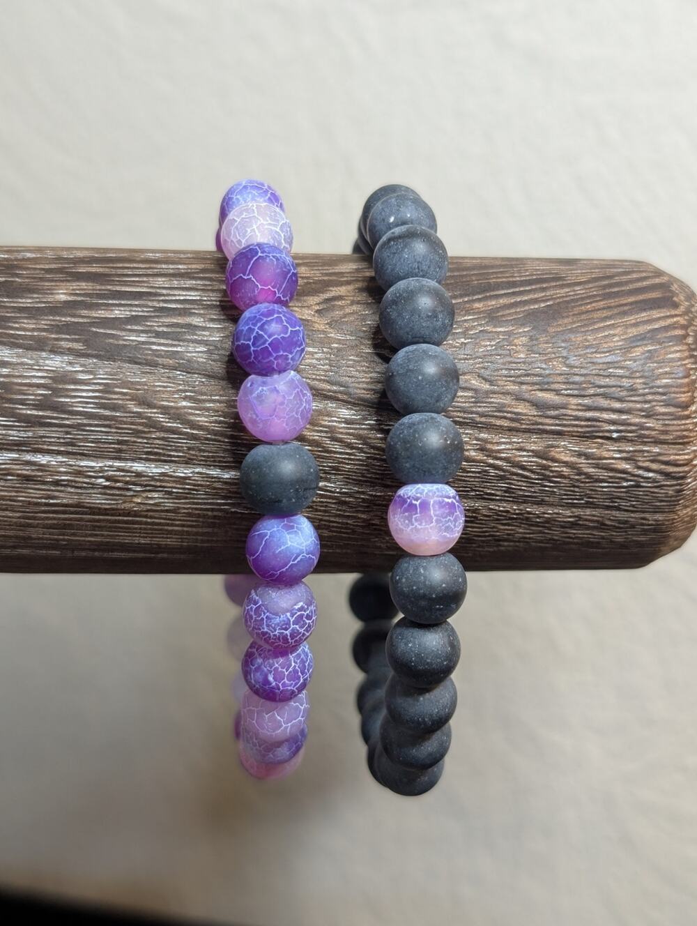 Lot of Two Coordinating Purple & Black Crackled Glass Stretch Bead Bracelets